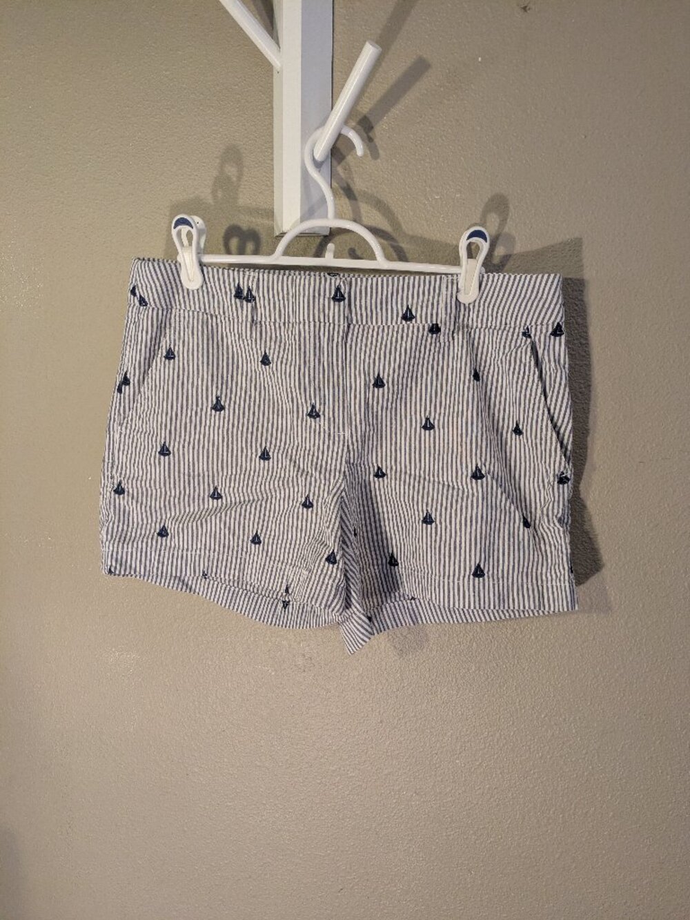British Khaki blue and white striped sailboat shorts